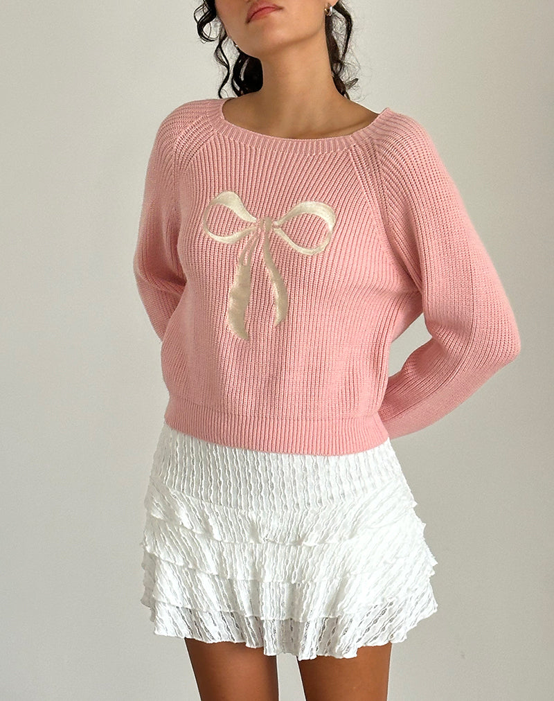 Image of Tami Jumper in Knit Pink with White Bow Embroidery