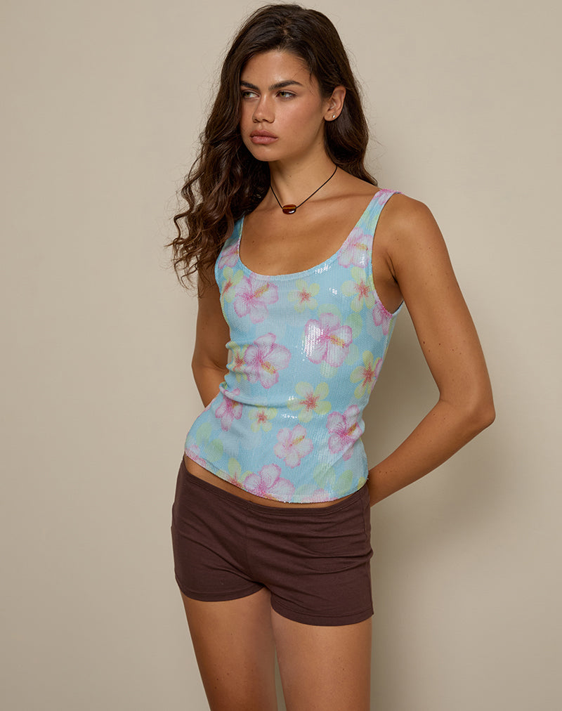 Image of Tampa Top in Sequin Blooming Flower Blue