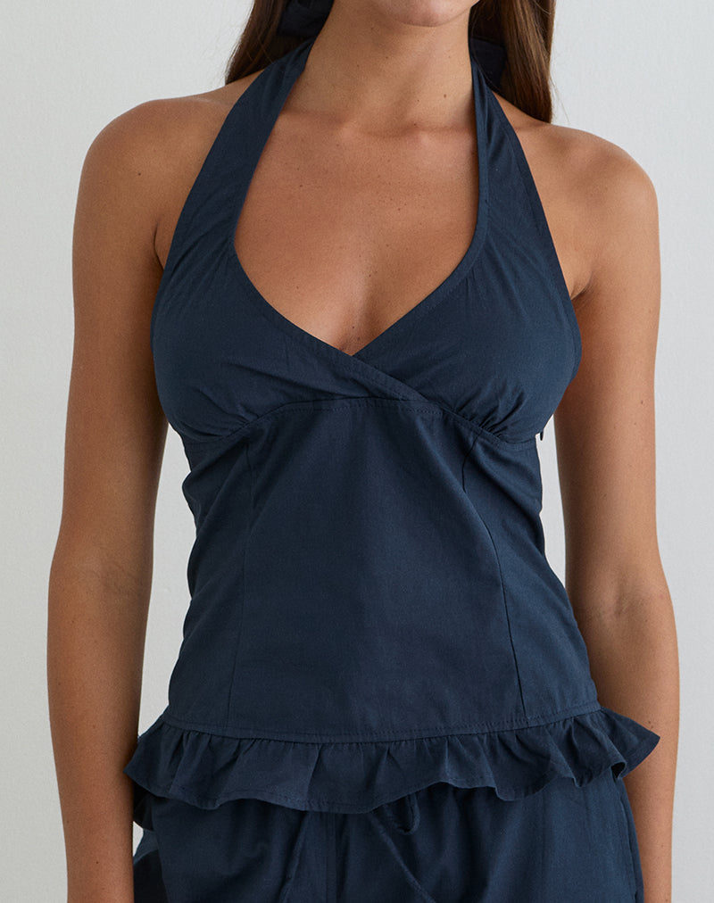Tamzen Halterneck Top in Dark Navy with Frill Hem