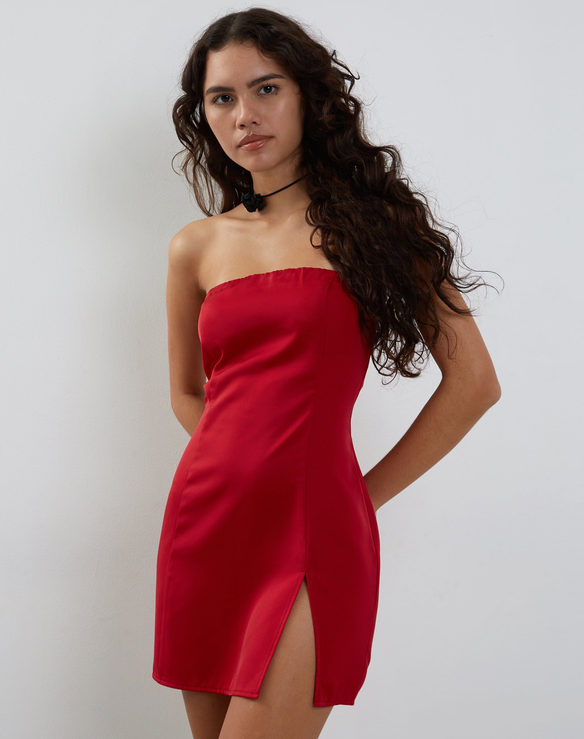 Deep Red Satin Bandeau Mini Dress Tannesa motelrocks