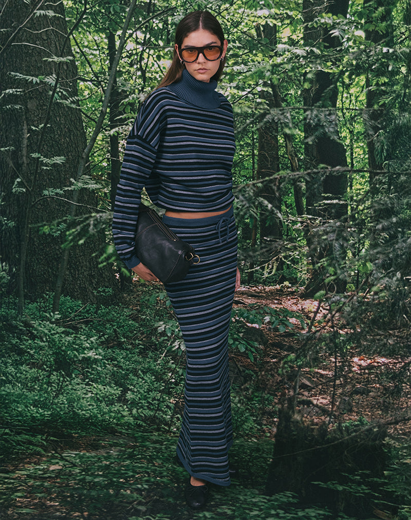 Tarmina Maxi Skirt in Knit Stripe Blue and Grey