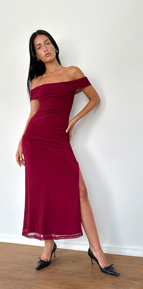 Image of Tarna Bardot Maxi Dress in Mesh Burgundy