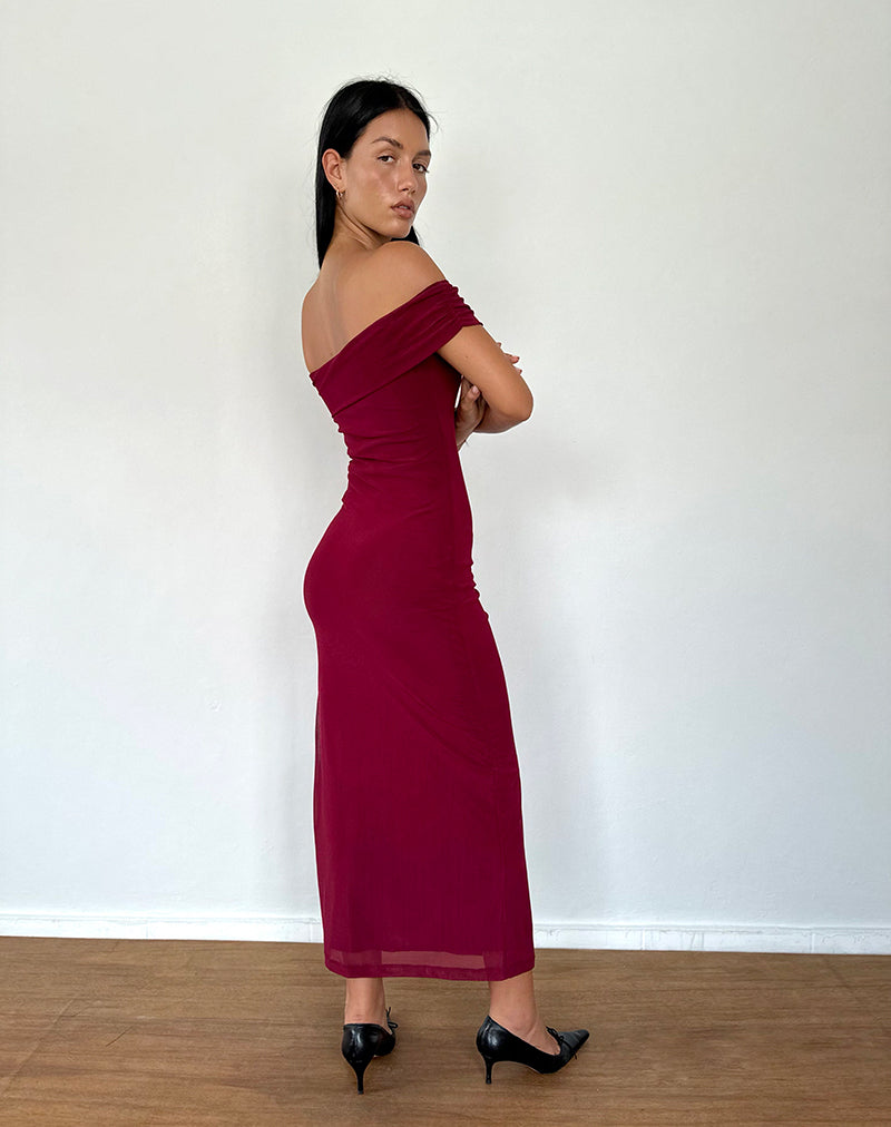 Image of Tarna Bardot Maxi Dress in Mesh Burgundy