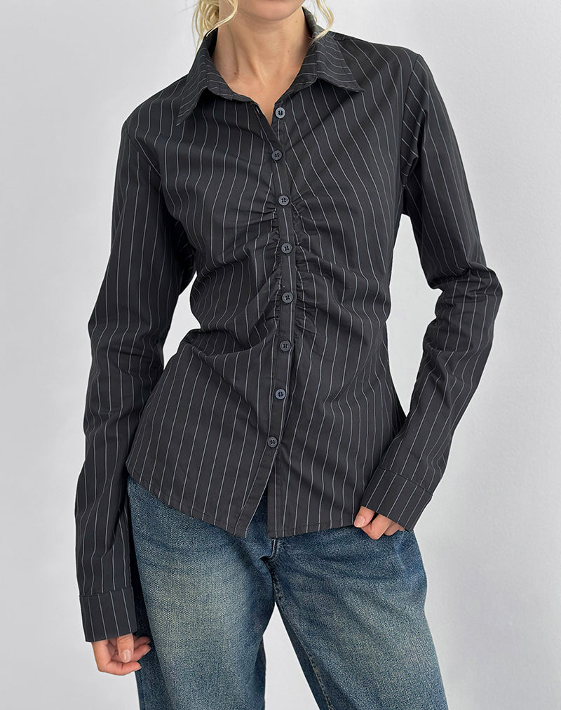 Image of Tarsi Fitted Shirt in Mono Pinstripe Grey