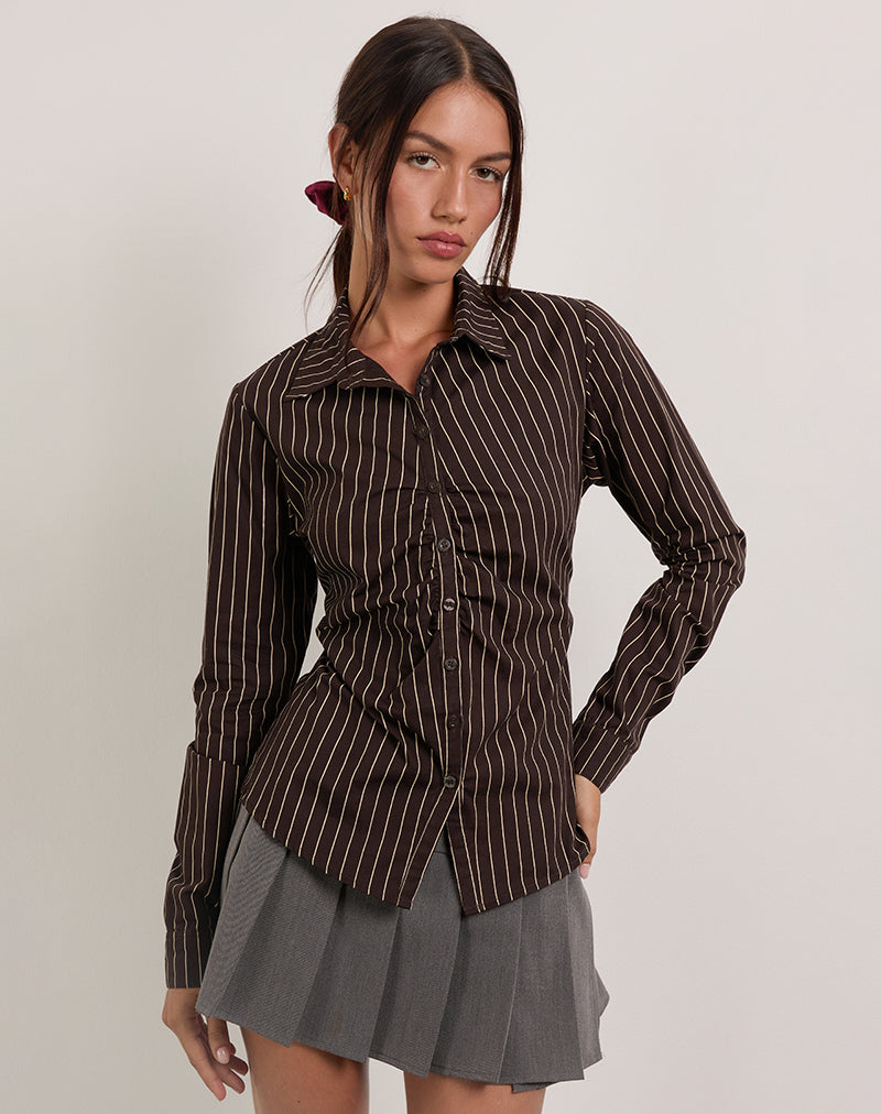 Image of Tarsi Fitted Shirt in Mono Pinstripe Chocolate