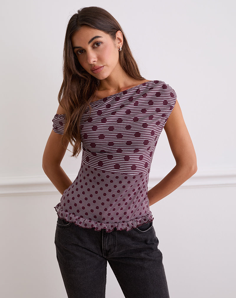 Image of Tarya Asymmetric Top in Stripe Polka Plum