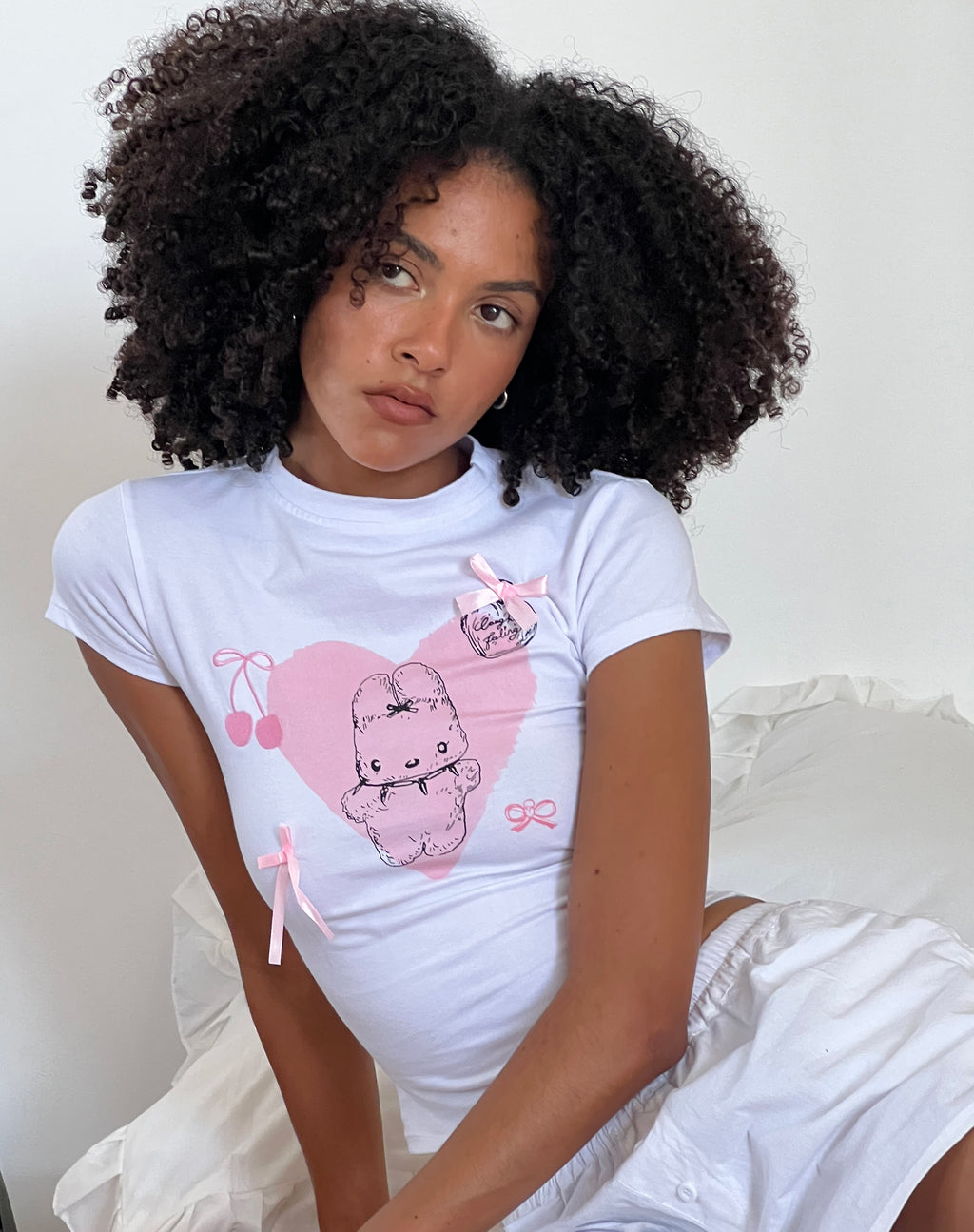 Tiona Cropped Tee in White with Love Bunny Print and Embroidery