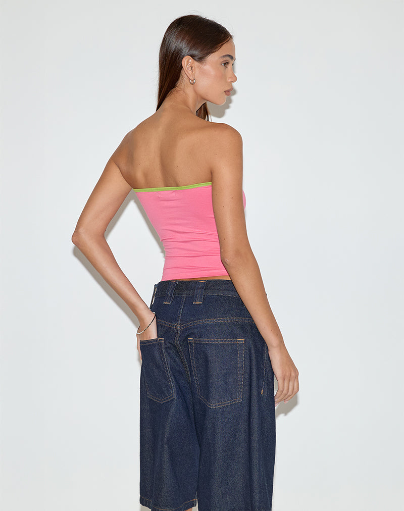 Image of Tiria Cutout Bandeau Top in Bubble Gum with Leaf Green Binding