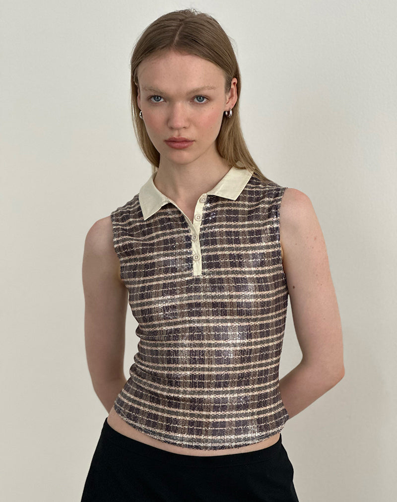 Image of Tisuka Polo Top in Sequin Vintage Check Brown