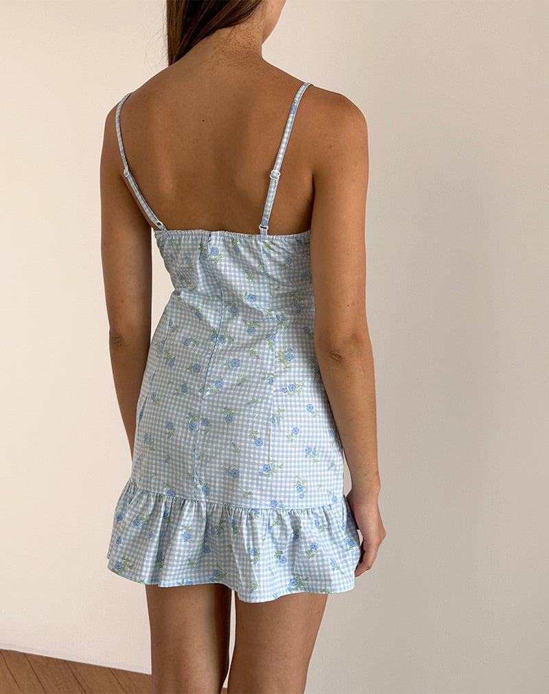 Blue Flower Gingham Mini Dress