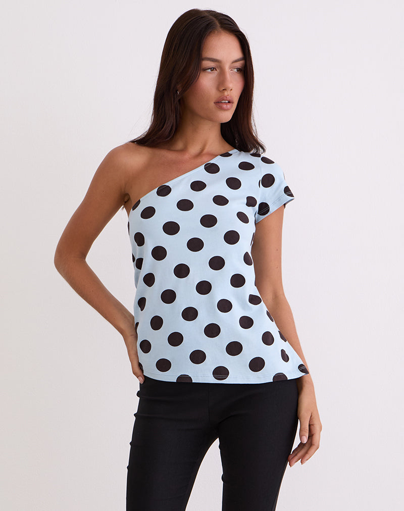 Image of Tokiwa Asymmetric Shoulder Tee in Big Polka Blue Brown