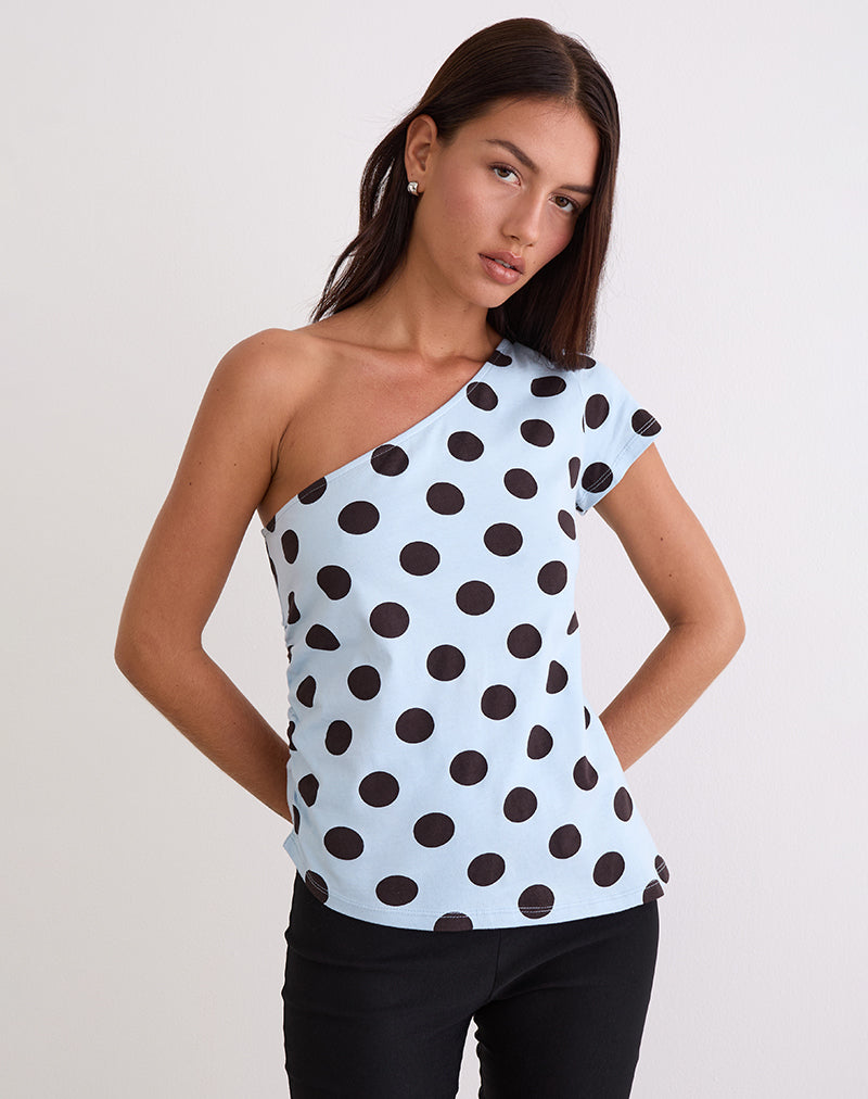 Image of Tokiwa Asymmetric Shoulder Tee in Big Polka Blue Brown