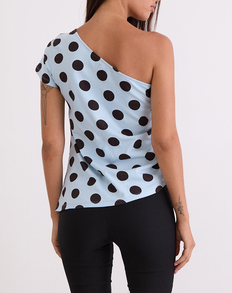 Image of Tokiwa Asymmetric Shoulder Tee in Big Polka Blue Brown