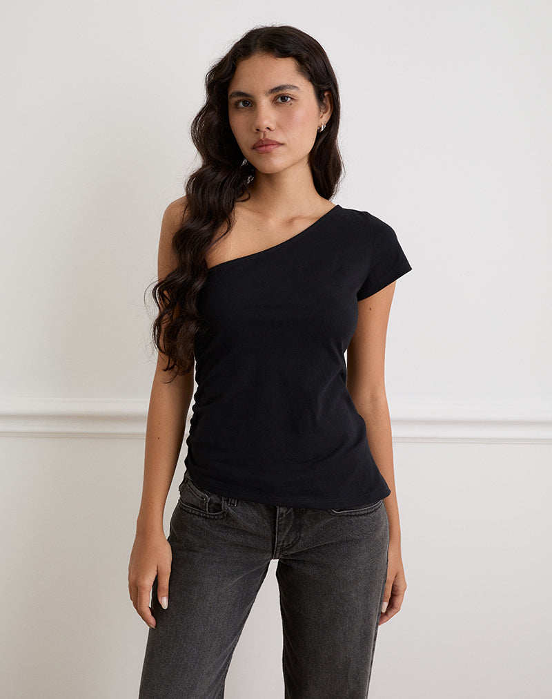 Image of Tokiwa Asymmetric Shoulder Tee in Black