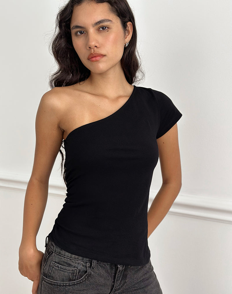 Image of Tokiwa Asymmetric Shoulder Tee in Black