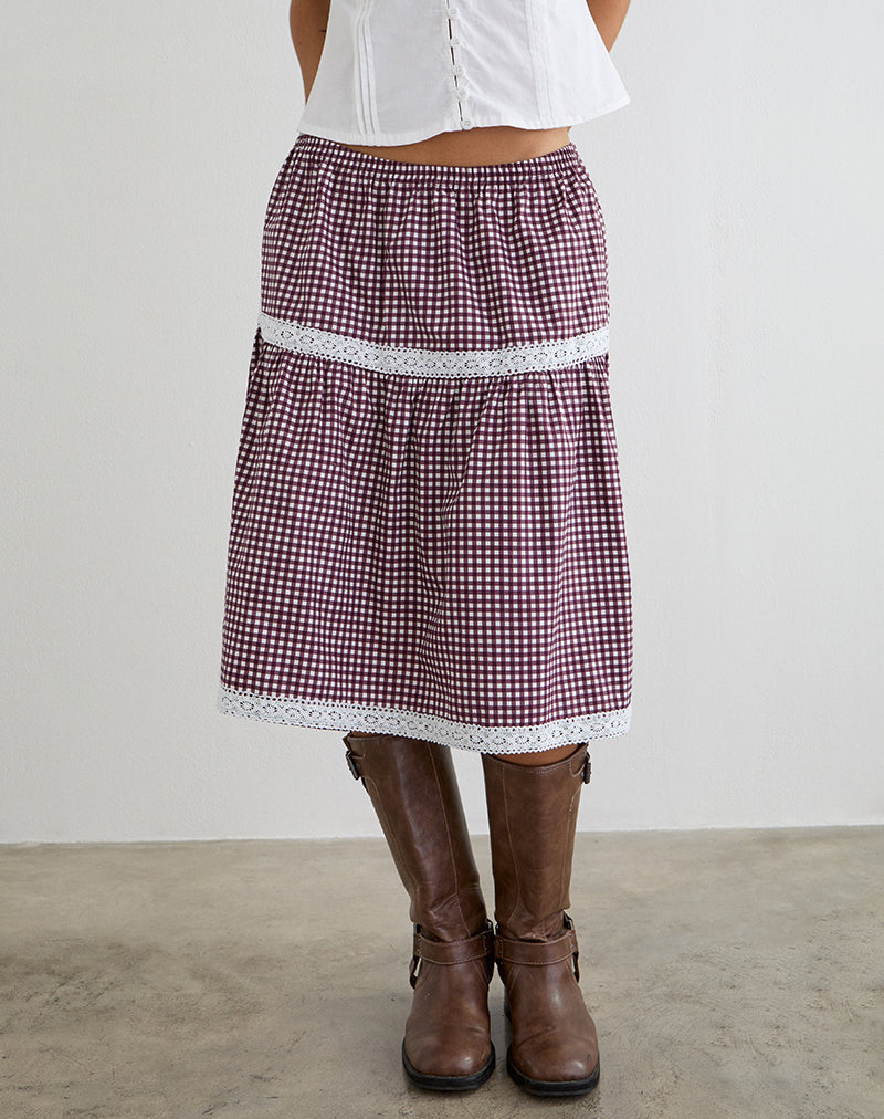 Trixie Midi Skirt in Mini Gingham Wine