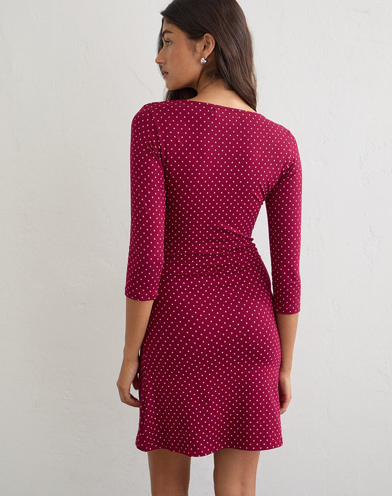Image of Trudita Mini Dress in Wine with Pink Micro Polka Print