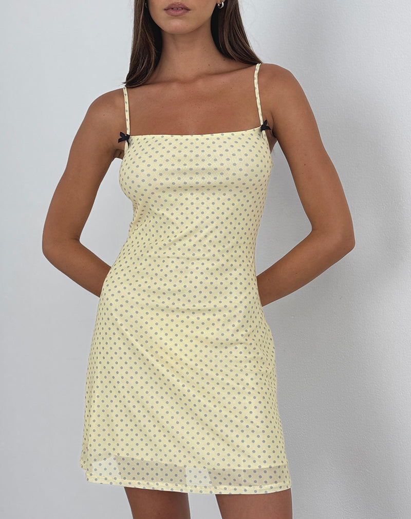 Image of Turu Mini Dress in Yellow with Compact Grey Polka