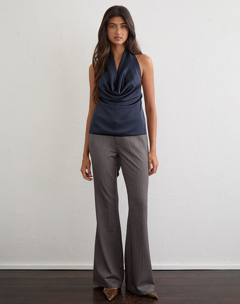 Image of Uliha Cowl Halter Top with Tie Back in Satin Navy