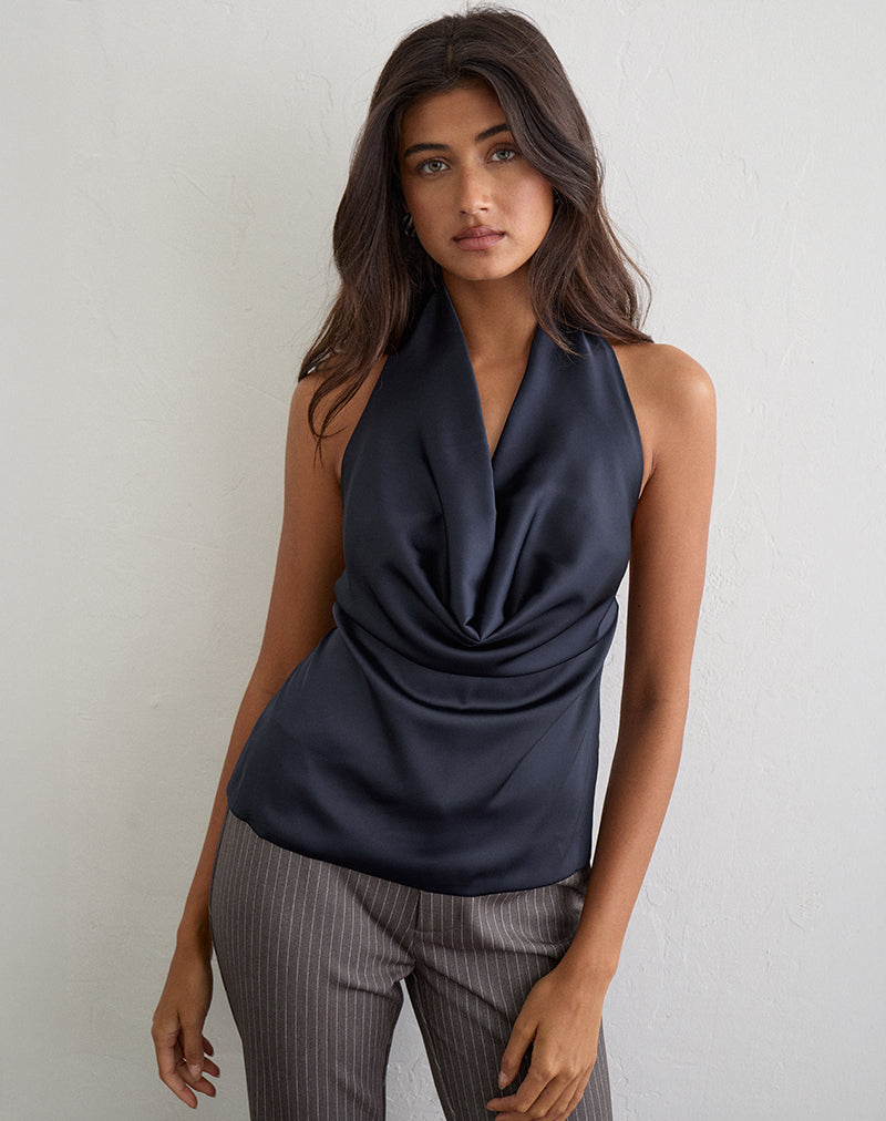 Image of Uliha Cowl Halter Top with Tie Back in Satin Navy