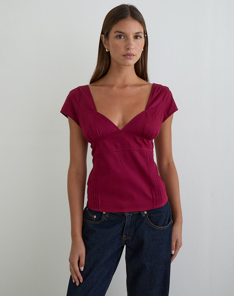 Uliva Cap Sleeve Corset Top in Poplin Burgundy