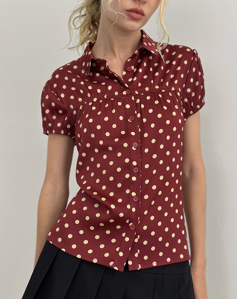 Image of Ulsan Fitted Shirt in Burnt Red with Polka Print