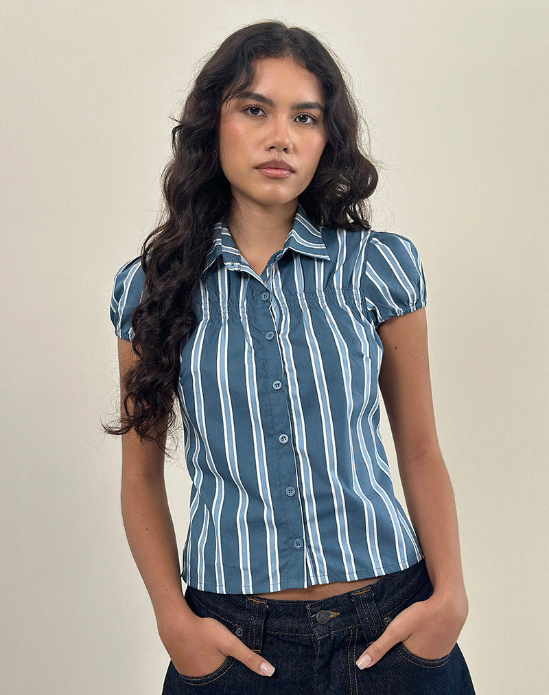 Image of Ulsan Fitted Shirt in Poplin Formal Stripe Navy