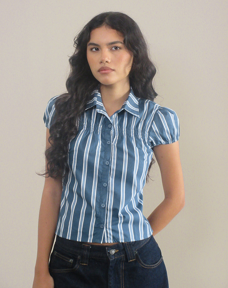 Image of Ulsan Fitted Shirt in Poplin Formal Stripe Navy