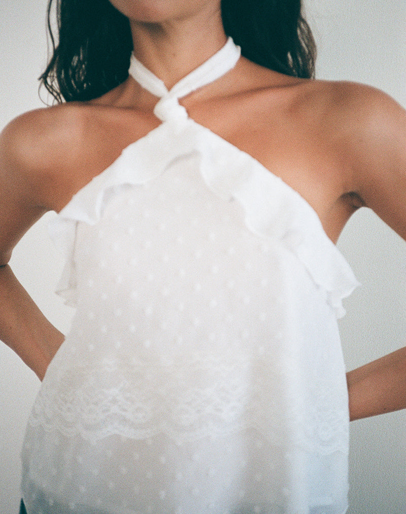 Image of Uran Halterneck Top in Dobby Chiffon Lace White