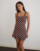 Image of Vadora Frill Hem Mini Dress in Brown with Big Polka Cream