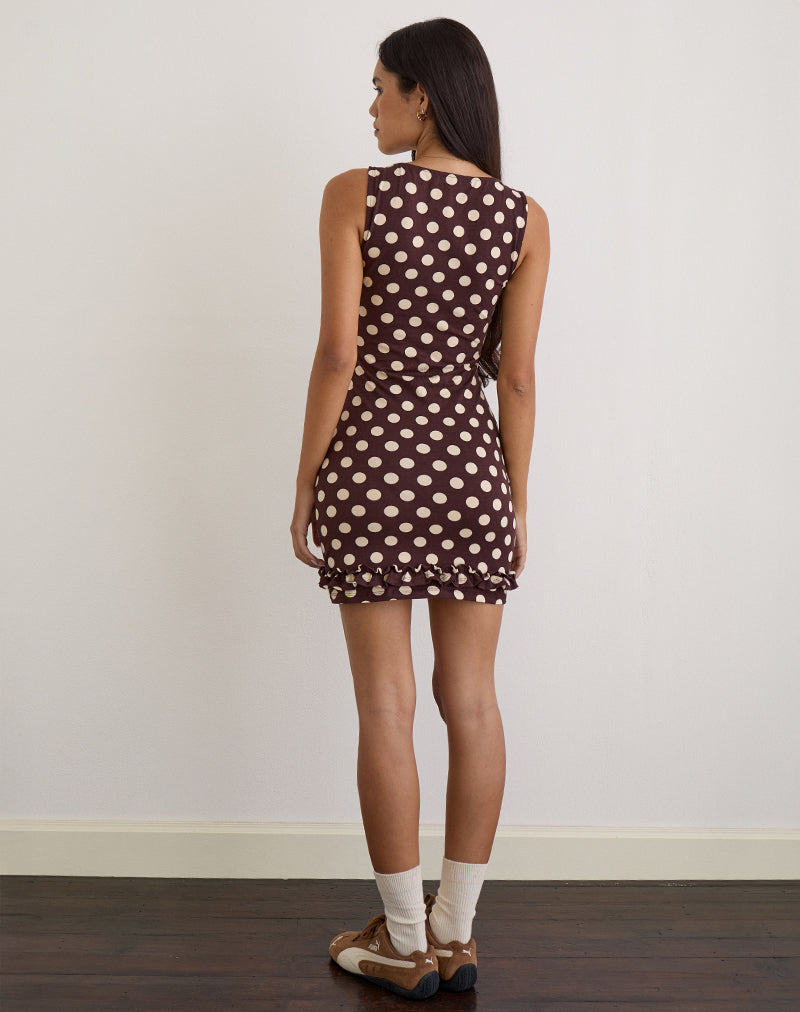 Image of Vadora Frill Hem Mini Dress in Brown with Big Polka Cream
