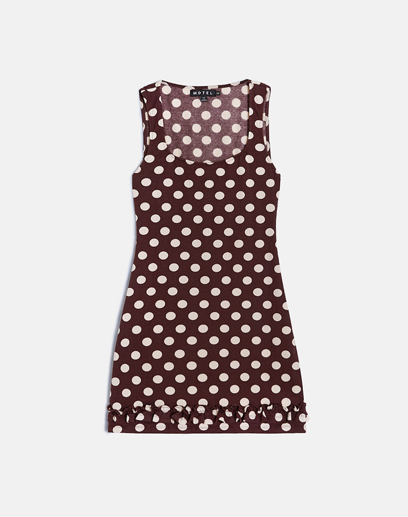 Image of Vadora Frill Hem Mini Dress in Brown with Big Polka Cream
