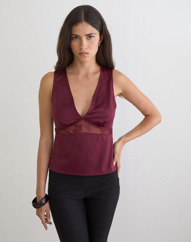 Valeska Lace Insert Top in Satin Zinfandel