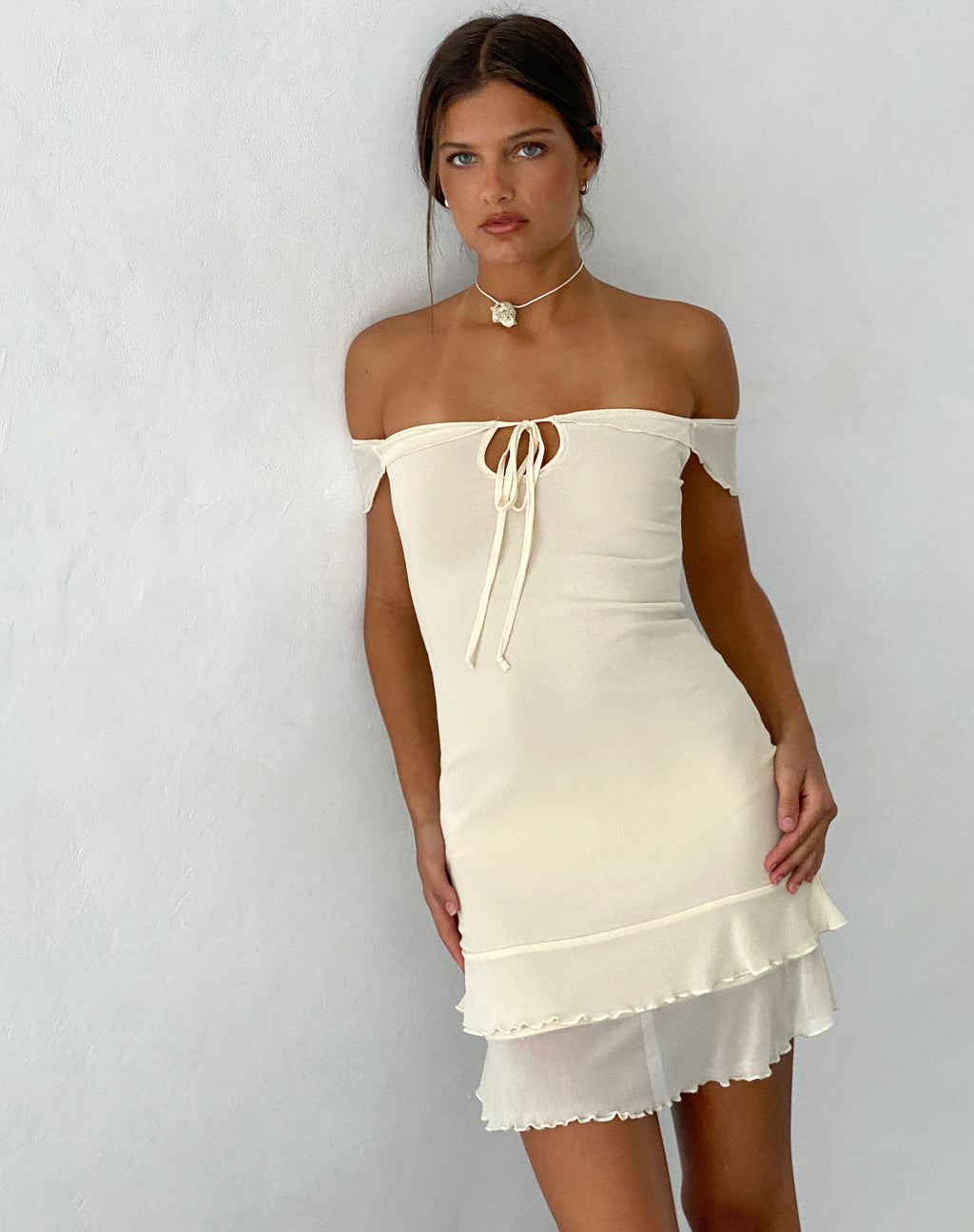Valory Bardot Mini Dress in Ivory Mesh