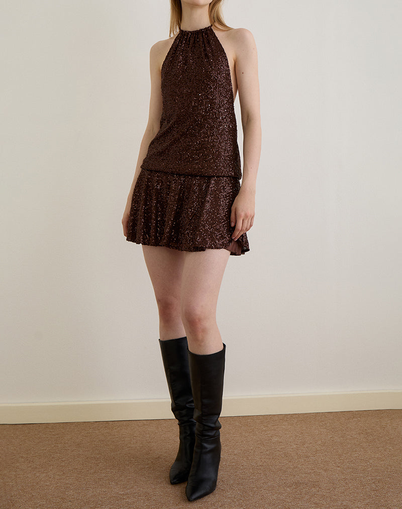 Veloria Mini Dress in Drape Sequin Brown