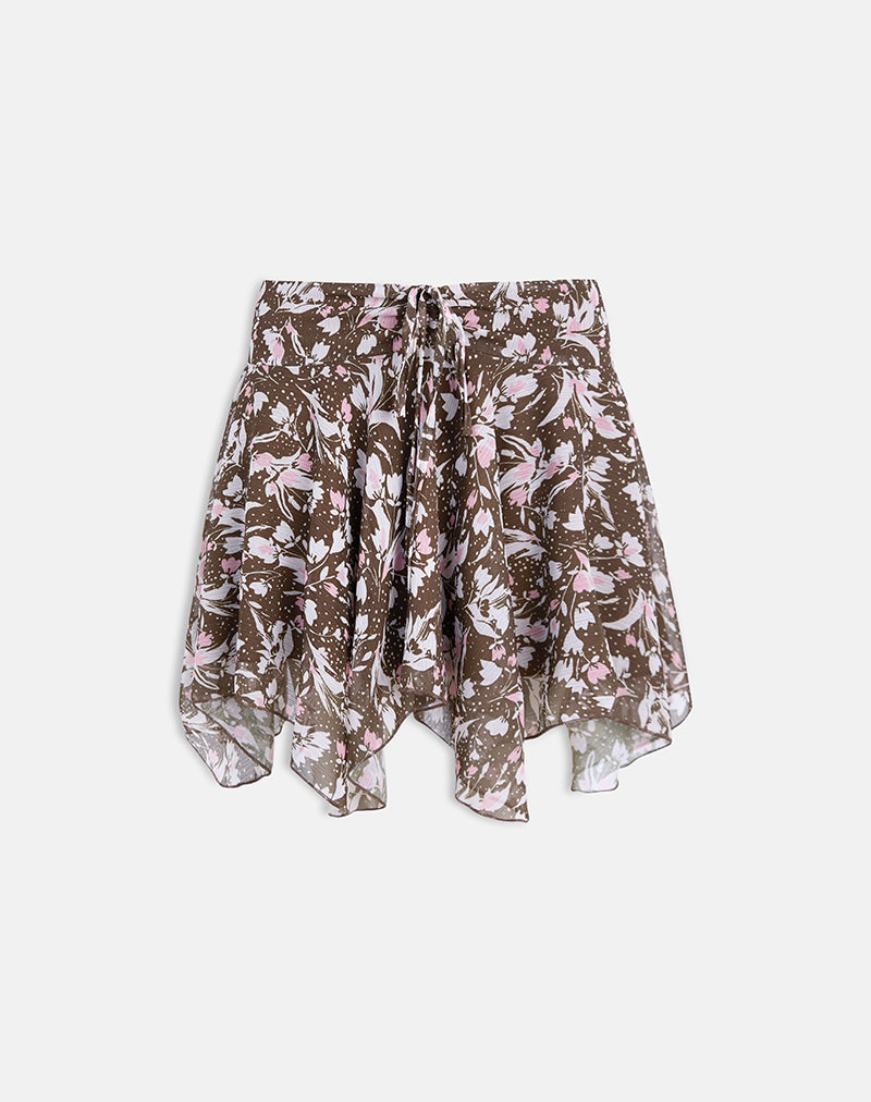 Image of Veny Mini Skirt in Brown and Pink Polka Flower Chiffon