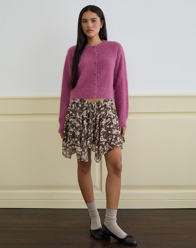 Image of Veny Mini Skirt in Brown and Pink Polka Flower Chiffon