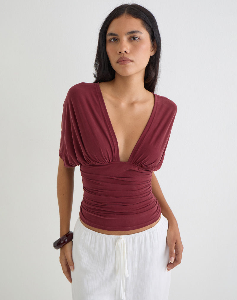 Vernia Plunge Batwing Top in Cupro Burgundy