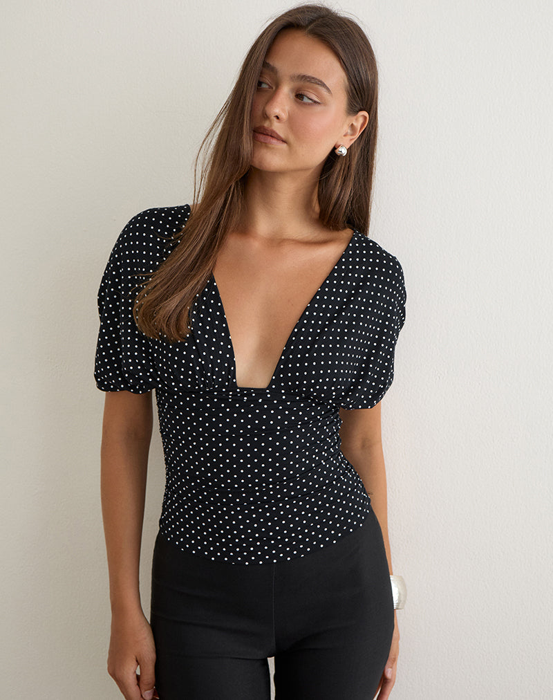 Vernia Plunge Batwing Top in Jersey Micro Polka Black