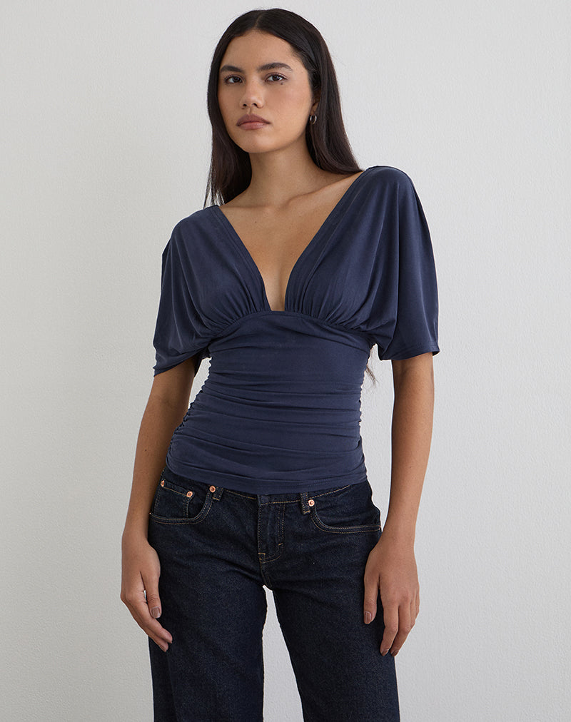 Image of Vernia Plunge Batwing Top in Cupro Navy