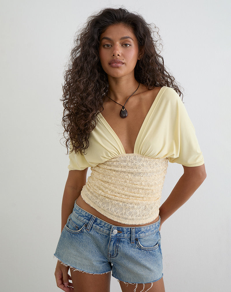 Vernia Plunge Batwing Top in Cupro Yellow with Lace Waist