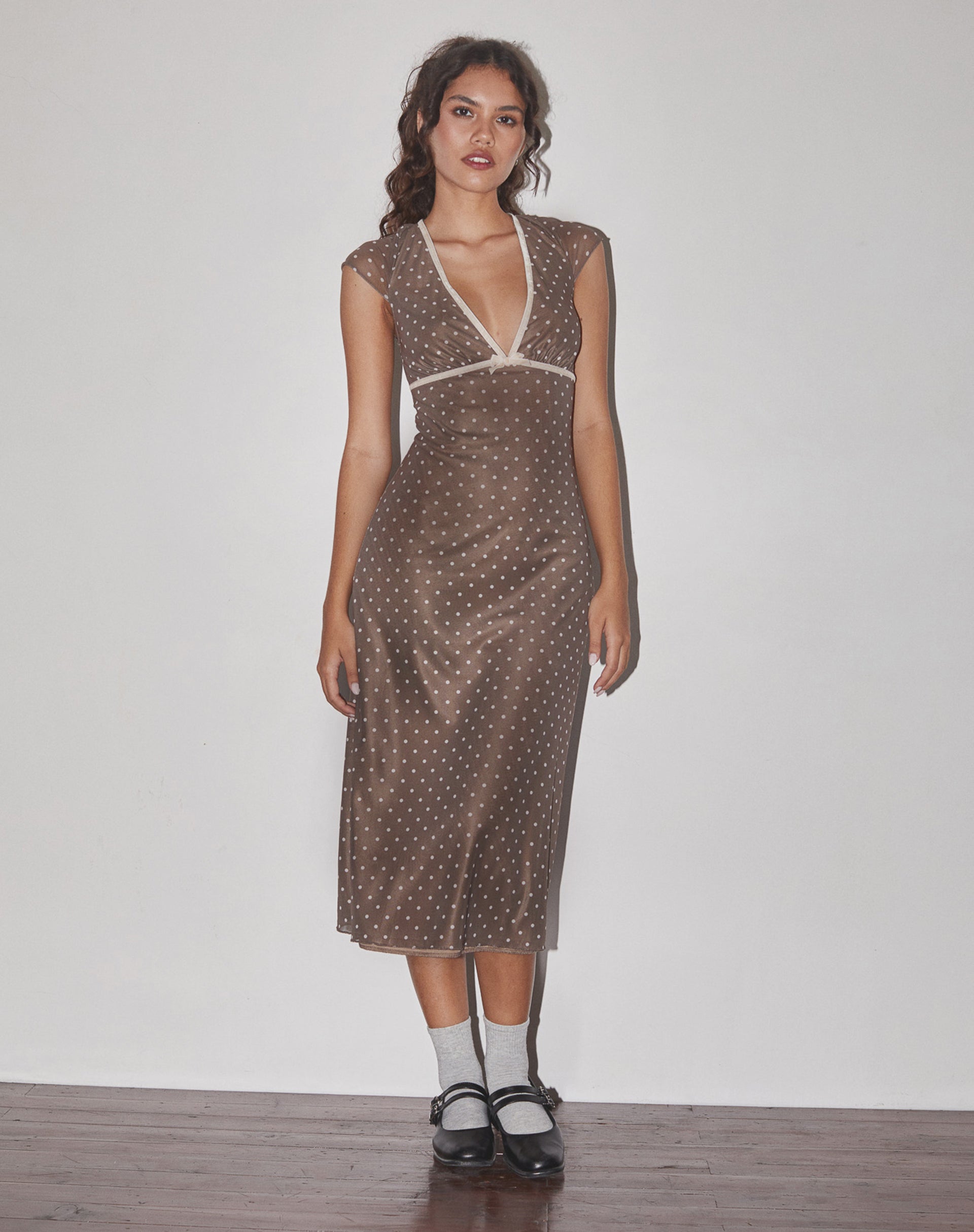 motel brown dress Sanaly Mini Dress in Mini Gingham Brown , Frill , Loose Fit