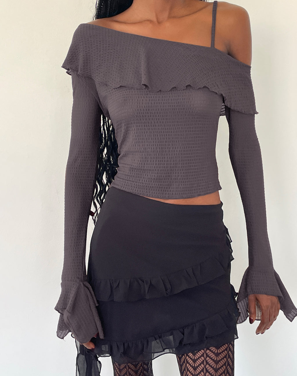 Viserra Asymmetric Long Sleeve Top in Bubble Mesh Brown