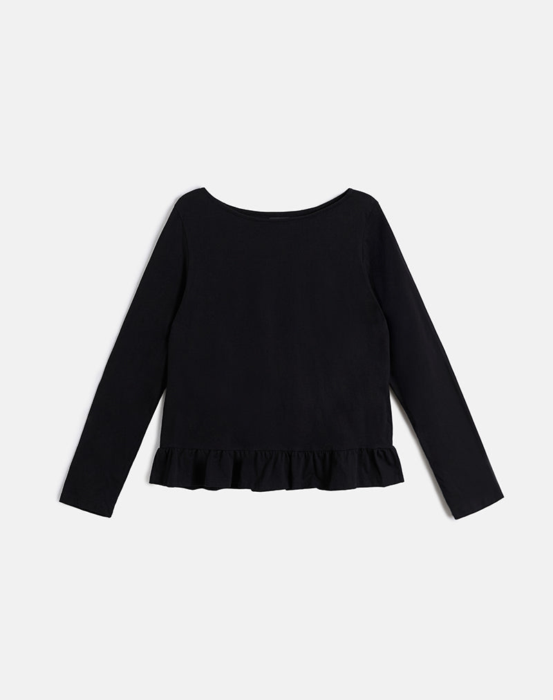 Image of Vivala Boxy Long Sleeve Top in Black with Frill Hem