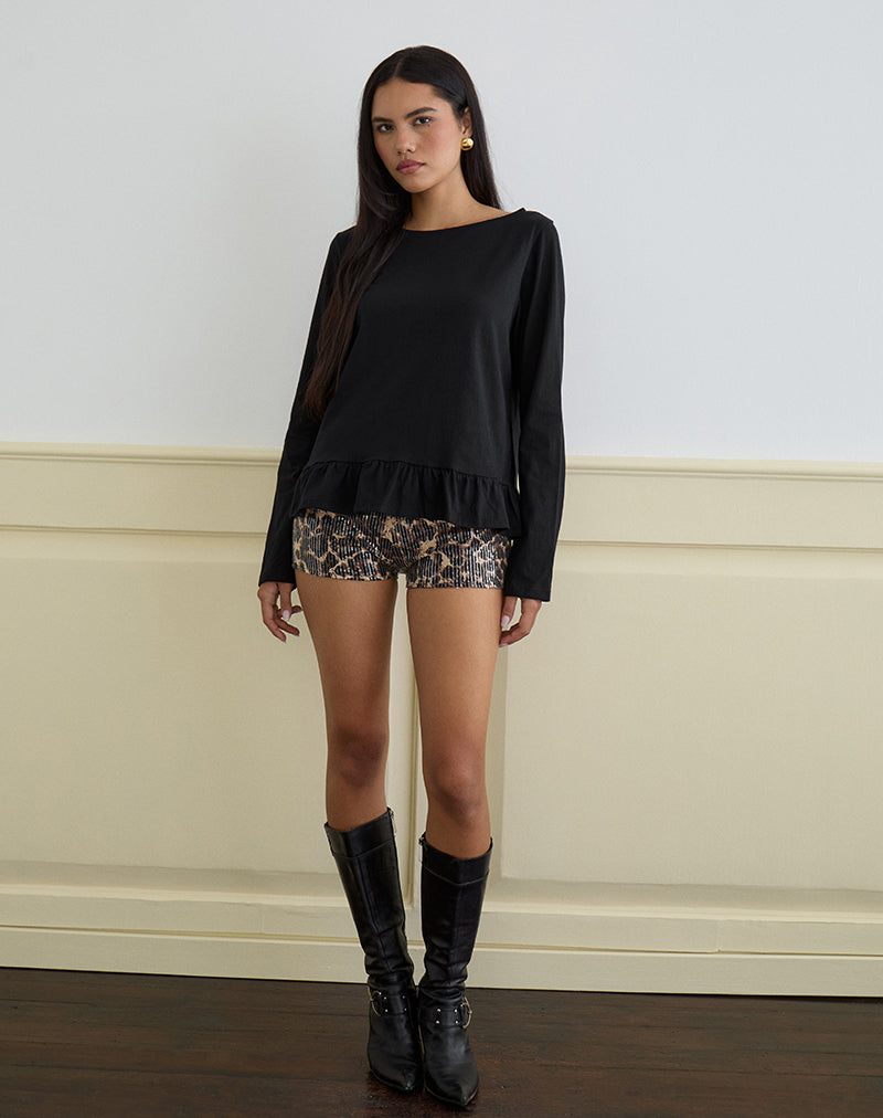 Image of Vivala Boxy Long Sleeve Top in Black with Frill Hem
