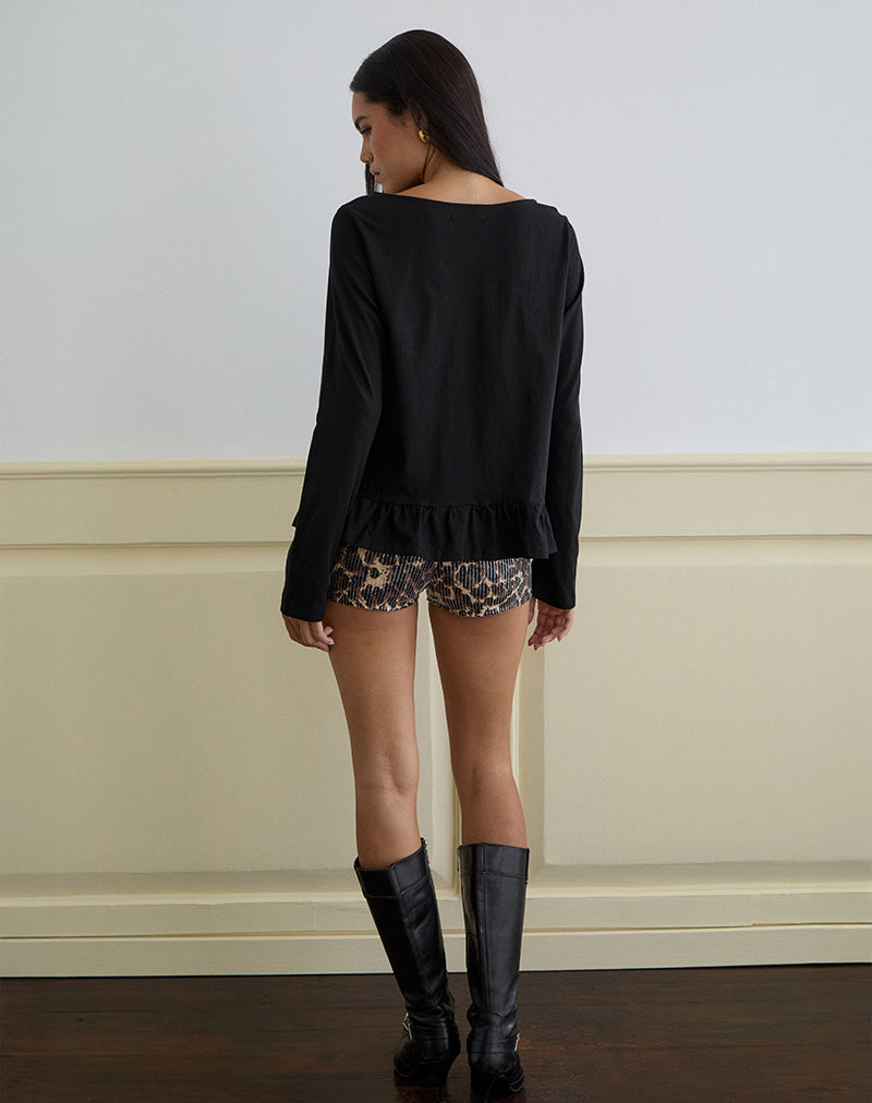 Image of Vivala Boxy Long Sleeve Top in Black with Frill Hem