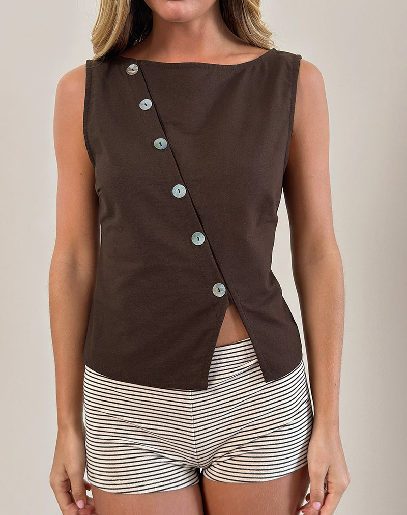 Image of Vonne Asymmetric Button Top in Chocolate Brown