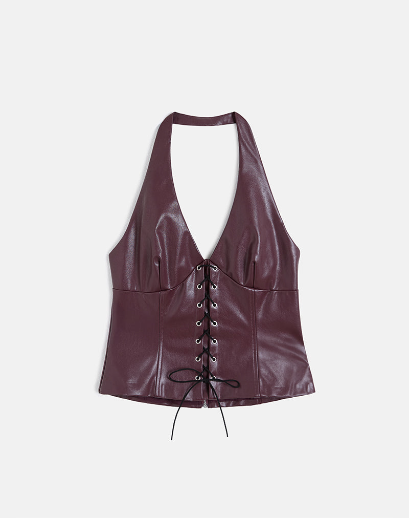 Image of Wahya Lace Up Halter Top in PU Plum