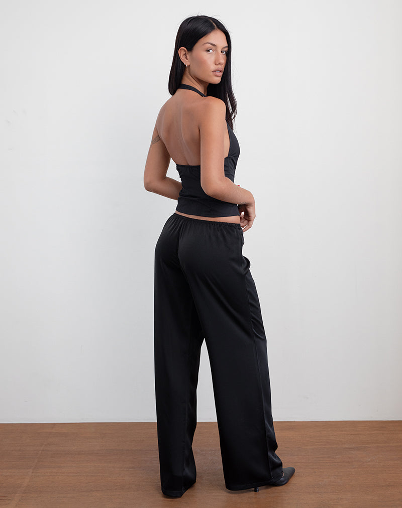Black Satin Low Rise Wide Leg Trouser Waski –