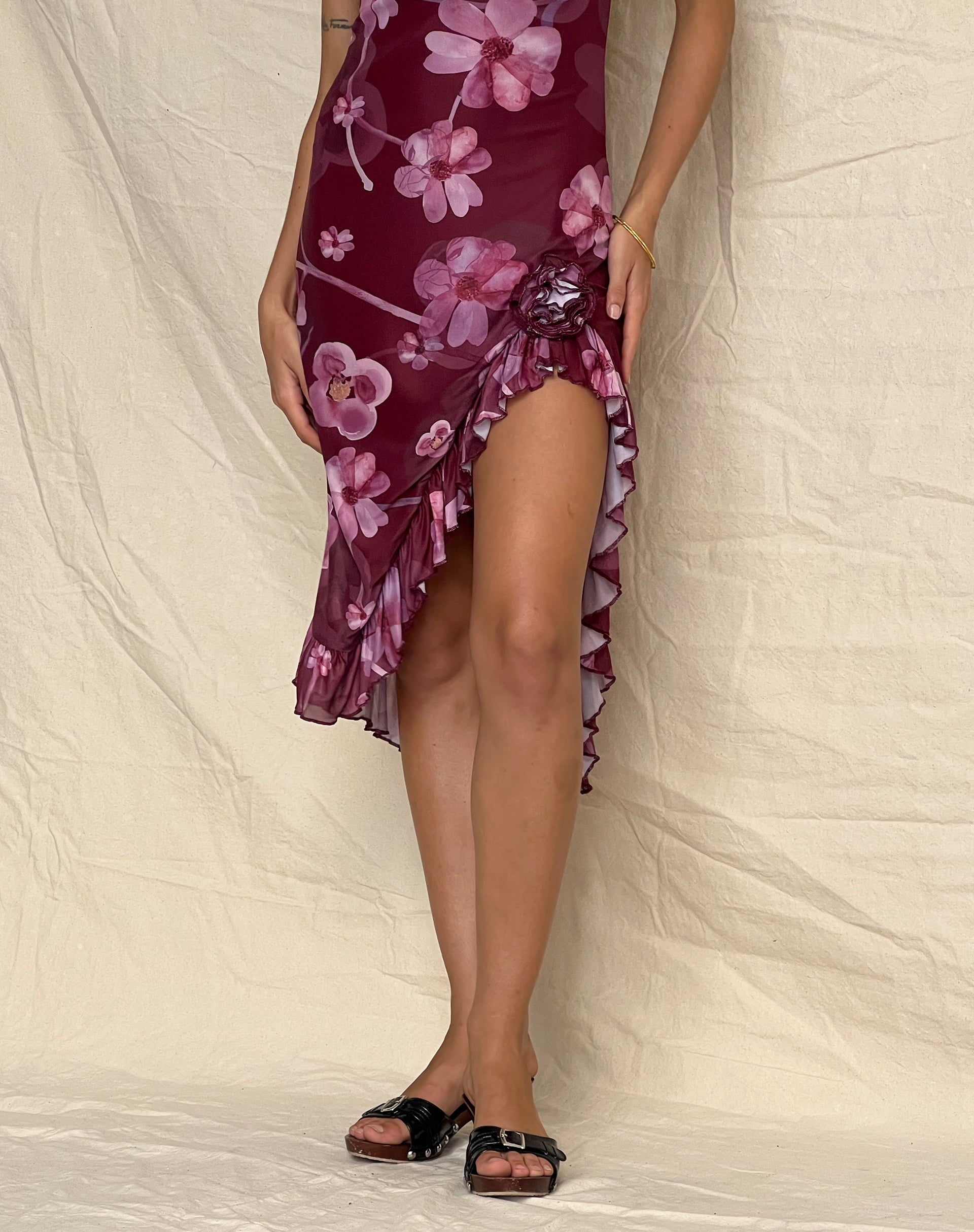 Image of Weti Bandeau Mini Dress with Waterfall Hem in Watercolour Floral Berry